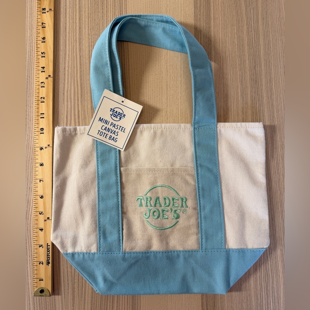 NWT Trader Joe's Mini Pastel Canvas Tote Bag - Mint Blue & Cream